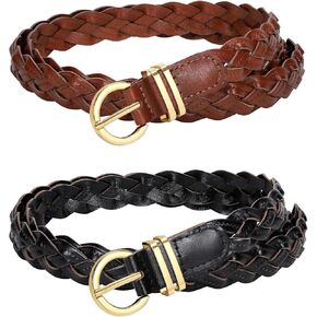 JASGOOD 2 حزمة من الجلد النحيف المضفر للنساء، حزام خصر منسوج رفيع للنساء مع إبزيم ذهبي لفستان الجينز in Kuwait