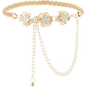 1 Pc Women's Rhinestone Chain Dress Belt, Flower Metal Adjustable Western Dress Belt, Golden Belt Chain for Bridal Dress Wedding Belt, Denim Skirt, Bodysuit Decoration(Golden)