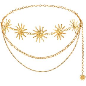 Women's Metal Moon Sun Chain Belt Multilayer Gold Silver Waist Belts for Dress Jeans