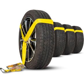 US Cargo Control Side Mount Wheel Nets with Ratchets and Flat Hooks (4-Pack), Lasso Tie Down Straps for Tire Sizes 14 Inches and More, 12,000 LBS Break Strength, Lasso Straps for Car Hauler