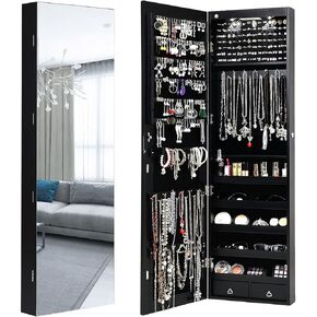 Jewelry Armoire Cabinet with Full-Length Mirror, 2 LEDs, 2 Keys, Makeup Pouch, Bracelet Rod, 2 Drawers, Wall Door Mounted, Full Screen Jewelry Cabinet for Bedroom (Black)