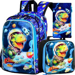 KLFVB 3PCS Boys Dog Backpack, Water Resistant Kids Space Bookbag with Lunch Box, 16" Preschool Backpacks for Elementary - Rocket Dog