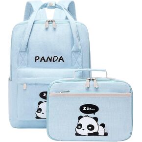 e-youth Women Girls Cute Panda School Backpack with Lunch Box Japanese & Korean Style Canvas Bags (Blue)
