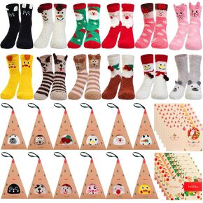 Foaincore 12 Pairs Women Christmas Cozy Fuzzy Socks Winter Soft Fluffy Slipper Animal Socks Sleeping Warm Socks with Packing Box and Cards for DIY Xmas Birthday Gift