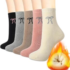 5 Pairs Bow Warm Thick Socks for Women Cute Embroidery Socks Crew Socks Winter Thermal Warm Socks for Ladies