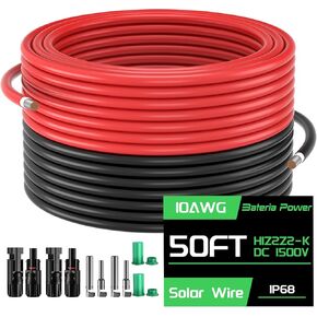 Solar Panel Extension Cable Kit, 10AWG 100FT Solar Wire with Female and Male Connectors & Solar Connector Dust Caps, PV Extension Cable for Off-Grid Boat RV, Black +Red