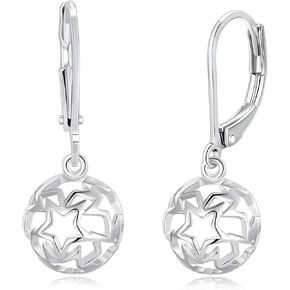 Silver Star Dangle Drop Earrings for Women, White Gold Plated Round Ball Leverback Earrings Hypoallergenic Fashion Jewelry Gift