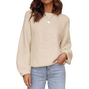 ZESICA Women's Crew Neck Long Lantern Sleeve Casual Loose Ribbed Knit Solid Soft Pullover Sweater Tops