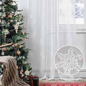 FMFUNCTEX White Sheer Snowflake Christmas Curtains 84 Inches Long for Living Room, Snow Drapes for Bedroom, Holiday Winter Window Curtains, Xmas Decor Curtain Light Filtering Rod Pocket 2 Panels Set