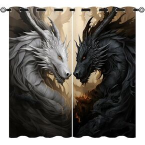 Dragon Blackout Curtains for Girls Boy Home Decor, Fantasy Medieval Magical Black White Dragon Grommet Thermal Insulated Drapes Darkening Window Curtain for Bedroom Living Room, 55 x 63 Inch