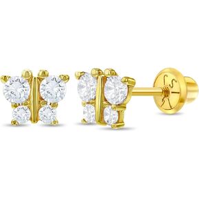 14k Yellow Gold Girl's Cubic Zirconia Butterfly Screw Back Earrings for Toddlers - Small Stud Earrings for Babies & Little Girls to Preteens - Tiny Earring Studs for Children