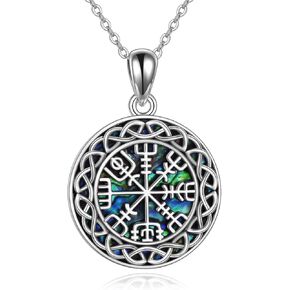 YFN Viking Compass Jewelry Sterling Silver Abalone Shell Celtic Compass Necklace Norse Vegvisir Pendant for Nordic Pagan Irish Jewelry