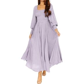 R.Vivimos Women's Puff Long Sleeve Maxi Dress Square Neck Elastic Empire Waist Swiss Dots Casual Flowy A-Line Long Dresses