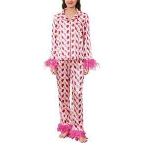 LILTWIST Feather Trim Pajamas for Women Silk Satin 2 Piece Cute Print Pjs with Fur Holiday Long Sleeve Shirt and Pj Pants Set