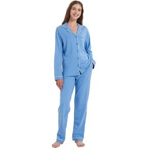 amaxer Women's 100% Cotton Classic Pajamas Set Soft Warm Long Sleeves For Men Pockets Button Pjs Elastic High Waist