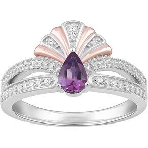Jewelili Enchanted Disney Fine Jewelry Sterling Silver and 10K Rose Gold with 1/10 CTTW Diamond and Amethyst Ariel Ring, Size 8