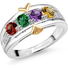 Gem Stone King 925 Silver and 10K Yellow Gold Plated Customized and Personalized 4 Stone Round 4MM Gemstone Birthstone and White Lab Grown Diamond Ring for Women