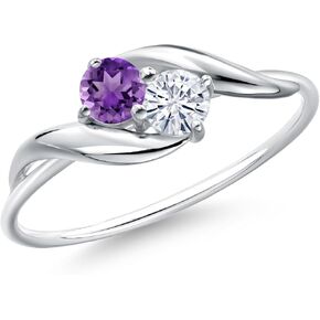 Gem Stone King 10K White Gold Round Purple Amethyst and Moissanite Ring For Women (0.32 Cttw, Round 3.5MM, Gemstone February Birthstone, Available in Size 5,6,7,8,9)