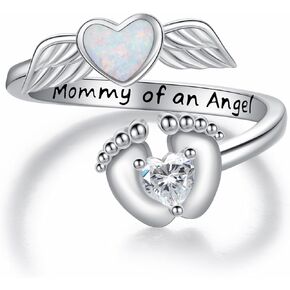 Miscarriage Ring Gifts for Mothers 925 Sterling Silver Mommy of An Angel Memorial Rings Opal Footprint Jewelry Loss of Pregnancy Sympathy Christmas Gifts for Women Mother