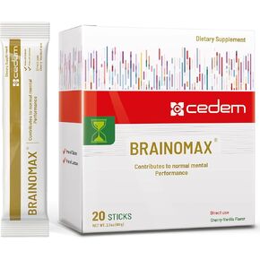 CEDEM Switzerland BRAINOMAX Powder Sticks for Brain Health, Cherry-Vanilla Flavor with Citicoline, N-Acetyl-L-Carnitine, Nootropic Brain Supplement for Memory, Focus, Cognitive Support - 20 Sticks