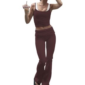 Women's Summer 2 Piece Outfit Slim Camisole Top Low Rise Flared Pants Set Versatile Activewear for Yoga Leisure