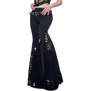 Womens Hollow Out Bell Bottom Cross Pendant Flared Pants Goth Punk Stretch Hippie Pants Bootcut Trousers