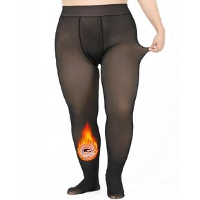 Black Plus Size Fleece Lined Tights for Women Fake Translucent Pantyhose Warm Winter Thermal Leggings