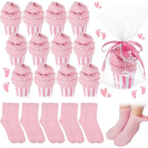 Coume 12 زوجًا من جوارب كب كيك لاستحمام الأطفال للنساء، جوائز استحمام الطفل للفائزين جوارب نسائية زغبية مع بصمة قدم، بطاقات شكر لحفل استقبال المولود الجديد وحفلات الزفاف وهدايا عيد الحب (وردي) in Kuwait