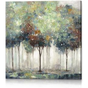 Sliver Tree Framed Painting Abstract Forest Canvas Wall Art Modern Landscape Picture Foggy Scenery Prints Gold Foil Rustic Nature Artwork for Bedroom Living Room