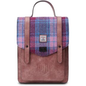 Islander Carloway Backpack for Men & Women, With Laptop Sleeve, Harris Tweed Vegan Leather, Pink and Blue Tartan
