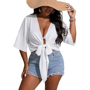 Floerns Women's Plus Size Tie Front Half Sleeve Kimono Cover Up Crop Tops