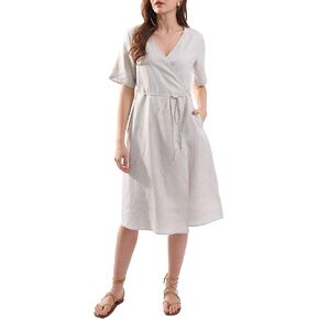 Amazhiyu Womens Pure Linen Summer Short Sleeve Wrap Midi Dresses with Pockets