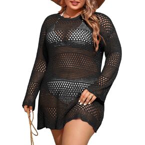 Beautife Womens Plus Size Swimsuit Cover Up Crochet Long Sleeve Mesh Knit Crew Neck Beach Coverup Dress