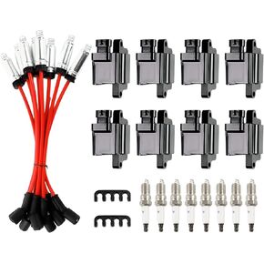 8PCS UF414 Ignition Coils + 8PCS Iridium Spark Plugs + 8PCS Wires Ignition Coils Pack Fits for 2008-2014 Express 1500, 2007-2014 Tahoe 4.8L 5.3L 6.0L 6.2L, Coil Pack Set Aftermarket Parts