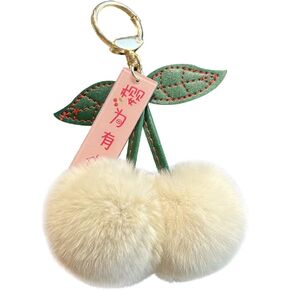Cute Cherry Keychain Pom Pom, Faux Fur Ball Key Fluffy Keychain Pendant for Women Bag Pendant Backpack Hanging Decor
