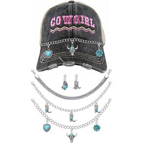 Trucker Hat Chain Western Turquoise Charm Chain Cowboy Cowgirl Boot Heart Pendant Hat Bill Chain Western Rodeo Hat Accessories for Baseball Cap Party Supplies