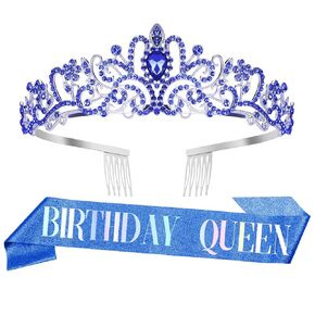 Birthday Crown for Girls Pink Tiara Sash Gifts for Womens Birthday Rhinestone Crystal Headband Princess Queen Crown Happy Birthday Decorations Birthday Gift Ideas Birthday Accessories Gifts for Women