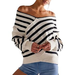 Women's Long Sleeve Striped Color Block Knitted Sweater V Neck Oversized Pullover Jumper Tops