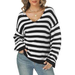 Tanou Women's Striped Pullover Sweaters Long Sleeve V Neck Loose Casual Kintted Side Split Sweater Tops