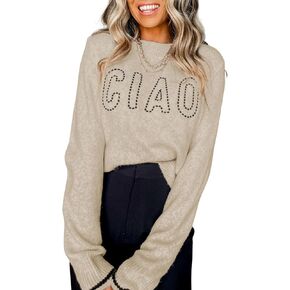 MARZXIN Women Casual Long Sleeve Sweater Round Neck CIAO Pattern Graphic Oversized Knitted Pullover Tops