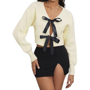 Verdusa Women's Bow Tie V Neck Cardigan Sweaters Long Lantern Sleeve Knit Outwear
