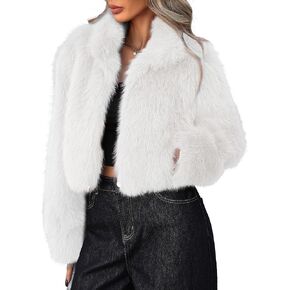 Women Faux Fur Jacket Stand Collar Open Front Long Sleeve Fluffy Outwear Coat