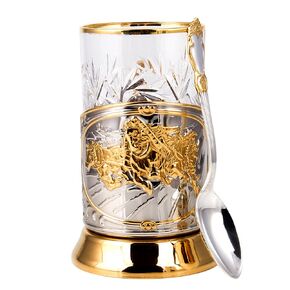 Kalchugino Metal Works Troika Gold-Plated Classic Russian Tea Glass Holder/Russian Podstakannik for Hot or Cold Liquids
