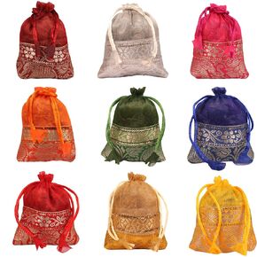 Touchstone Drawstring Bags Traditional Indian Handcrafted in Elephant Pattern Brocade fabric. Perfect for Gifts Jewelry Weddings Sweet Distribution Set of 9 Vibrant Multicolor Pouches Purses Potli.