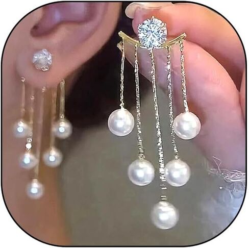Trendy Boho Pearl Dangle Earrings Rhinestone Tassel Chandelier Earrings Hypoallergenic Front Back Earrings Jewelry Accessory Presents for Wedding Prom in Kuwait