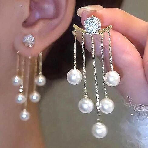 Trendy Boho Pearl Dangle Earrings Rhinestone Tassel Chandelier Earrings Hypoallergenic Front Back Earrings Jewelry Accessory Presents for Wedding Prom in Kuwait