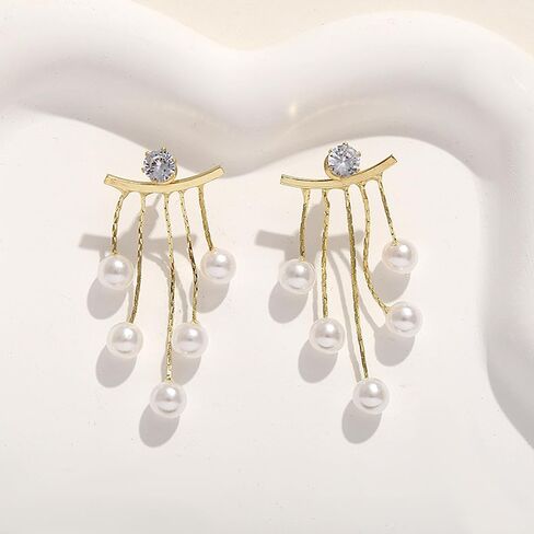 Trendy Boho Pearl Dangle Earrings Rhinestone Tassel Chandelier Earrings Hypoallergenic Front Back Earrings Jewelry Accessory Presents for Wedding Prom in Kuwait