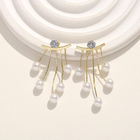 Trendy Boho Pearl Dangle Earrings Rhinestone Tassel Chandelier Earrings Hypoallergenic Front Back Earrings Jewelry Accessory Presents for Wedding Prom in Kuwait