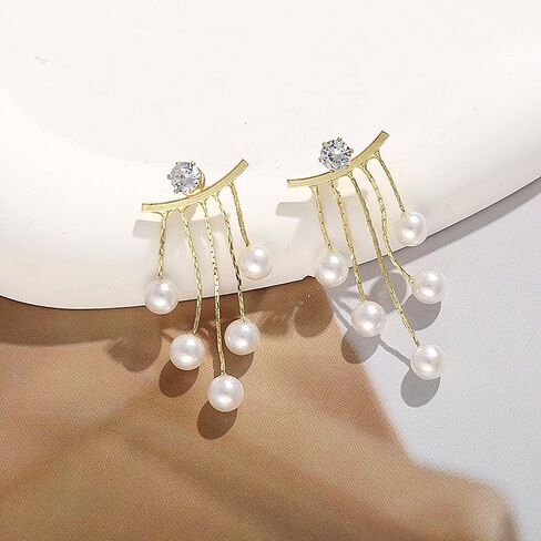 Trendy Boho Pearl Dangle Earrings Rhinestone Tassel Chandelier Earrings Hypoallergenic Front Back Earrings Jewelry Accessory Presents for Wedding Prom in Kuwait