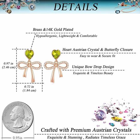 Austrian Crystal Heart Ribbon Bow Dangle Drop Earrings for Women 14K Gold Plated Hypoallergenic Jewelry in Kuwait